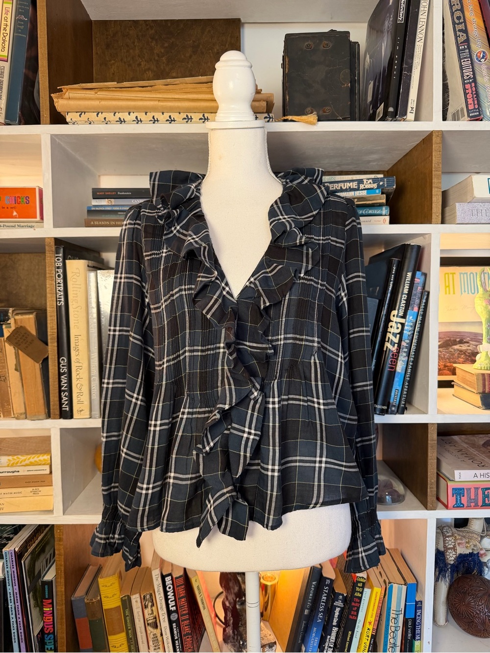 Doen Ruffled Plaid Button-Front Blouse - Green white